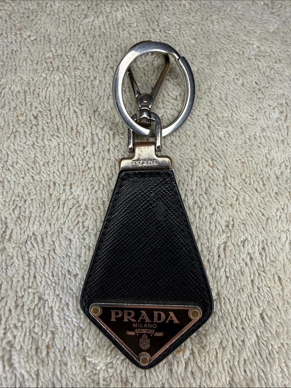 Prada Logo Plate Saffiano Leather Key Ring Bag Charm Black Italy